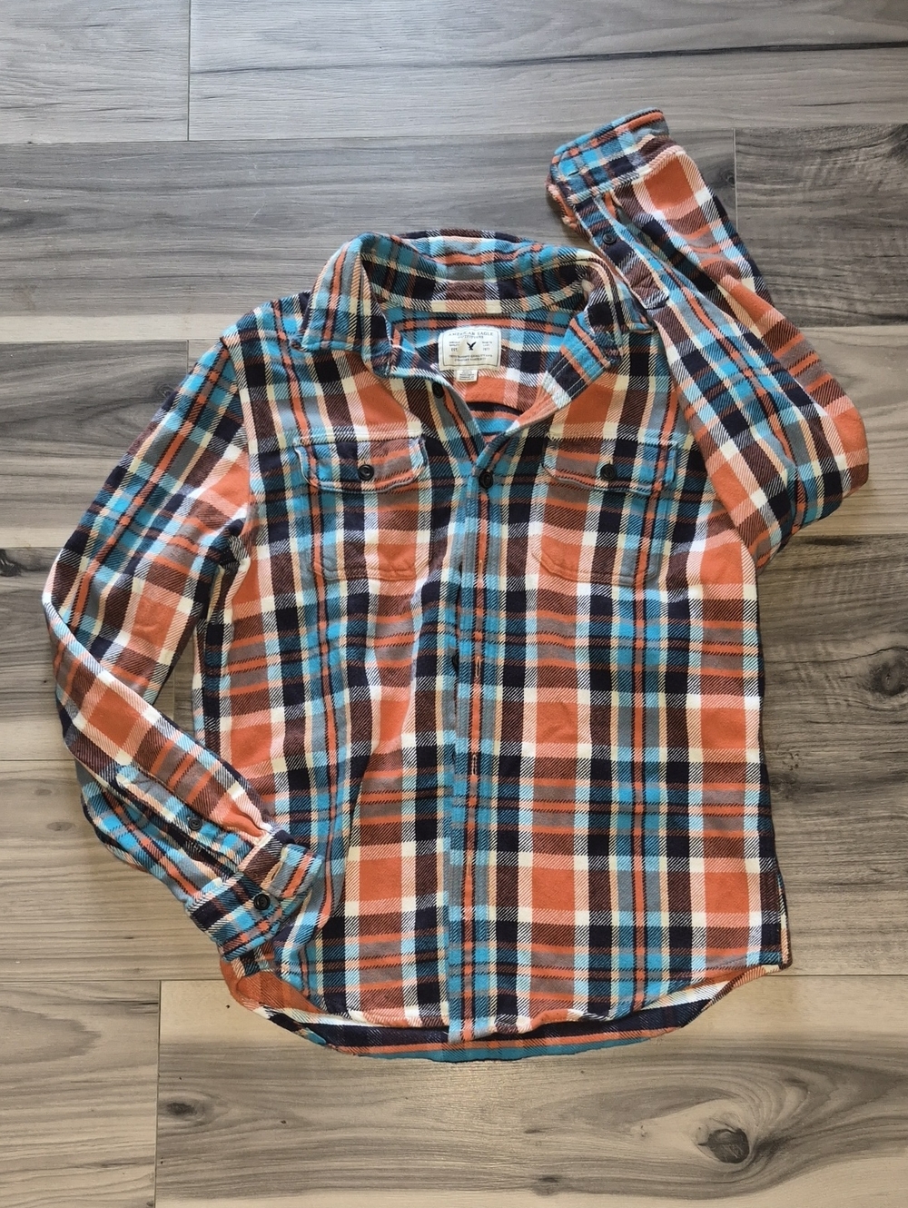 American Eagle Outfitters Orange, Blue & Brown Plaid Button-Down Shirt